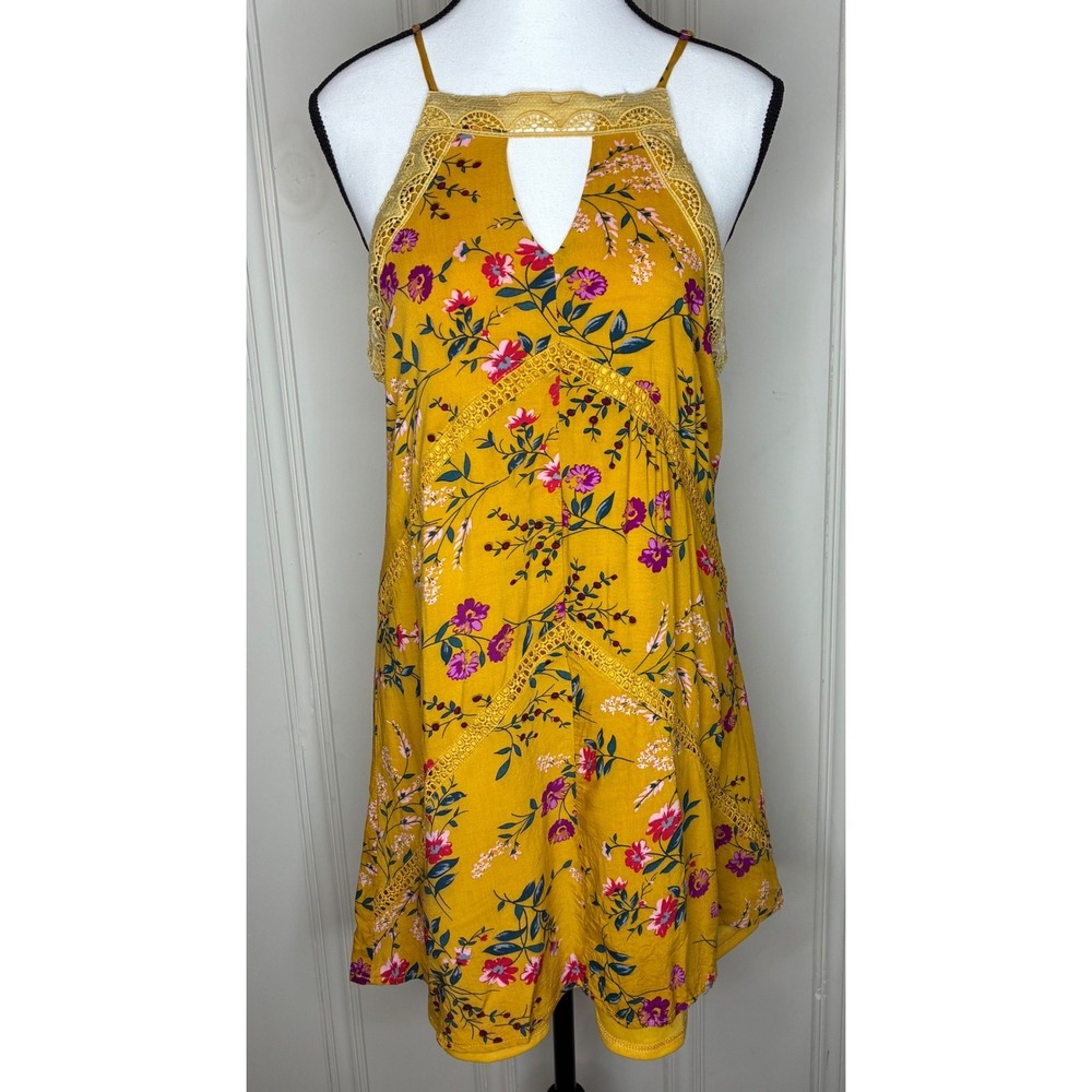 Blue Rain Floral Mini Dress Womens Medium Yellow Lace Halter Boho Cottagecore
